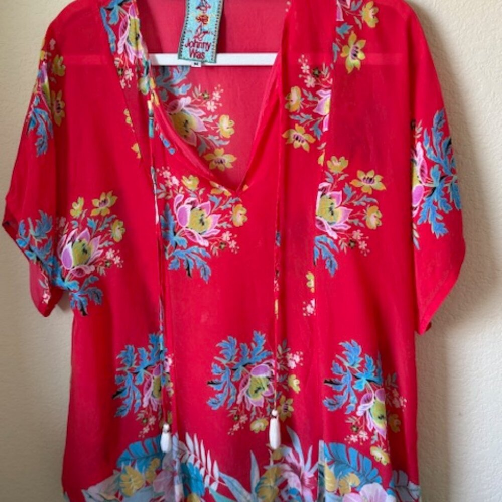 Johnny Was Red Floral V-Neck Short Sleeve Top